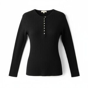 Spiegel Ribbed Silk Blend Henley Sweater Top | Size L Black